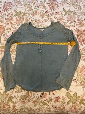 POL Scoop Neck Henley Long Sleeve Top - Slate Blue